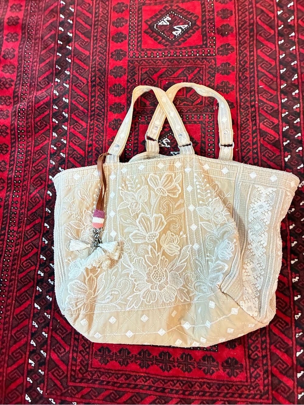 Johnny Was Extra Large Cream Embroidered Tote with Tassel Charm